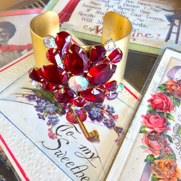 Gorgeous Red Jewel UpCycled Holiday Artisan Crystal Brass Cuff Bracelet - Picture 3 of 8